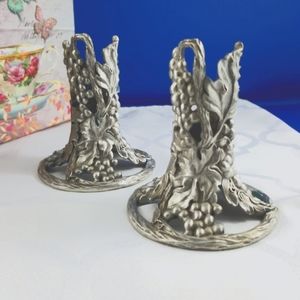 Seagull Pewter Pair Candleholders Grape and Leaf Design , VTG 1992